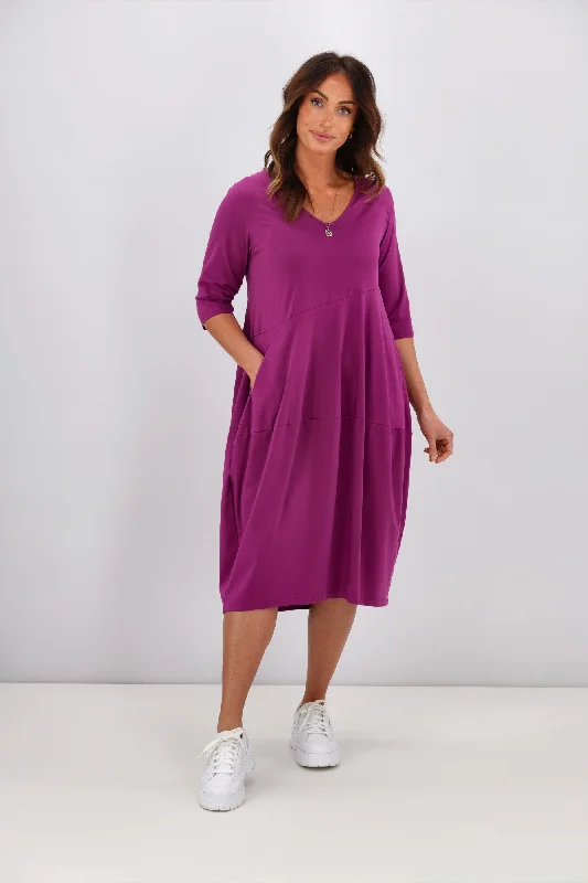 Pink blush dress-Tirelli V Neck Diagonal Seam Dress Fuchsia