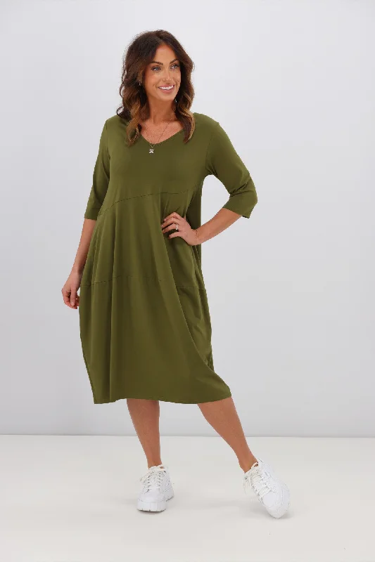 Turquoise island dress-Tirelli V Neck Diagonal Seam Dress Moss