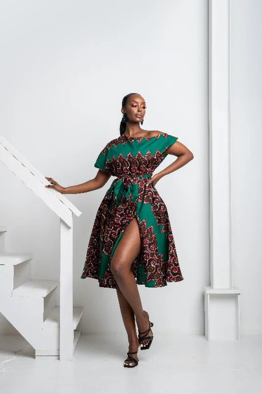 Luxury satin dress-TOPE African Print One-shoulder Midi Dress