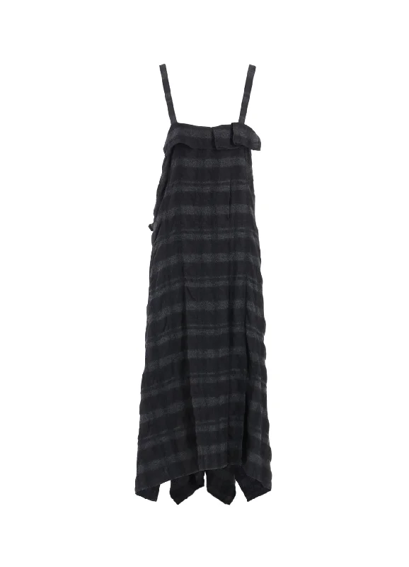 Trendy asymmetrical dress-FULLING FINISHED SHADOW CHECK PLEATED SHOULDER STRAP DRESS