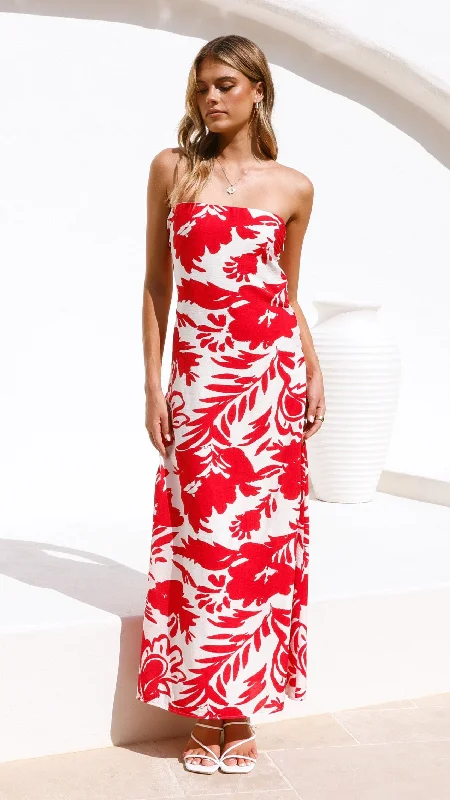 Nightout club dress-Uzma Strapless Maxi Dress - Red / White Print