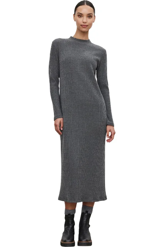 Ruched trendy dress-Velvet Liz Ribbed Dress in Charcoal