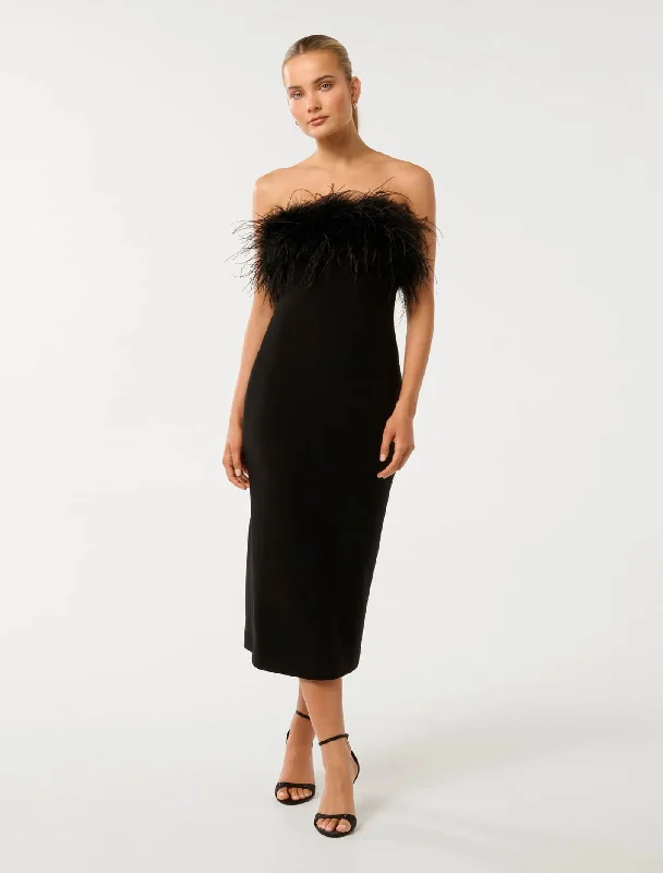 High-neck office dress-Vianna Feather Strapless Midi Dress