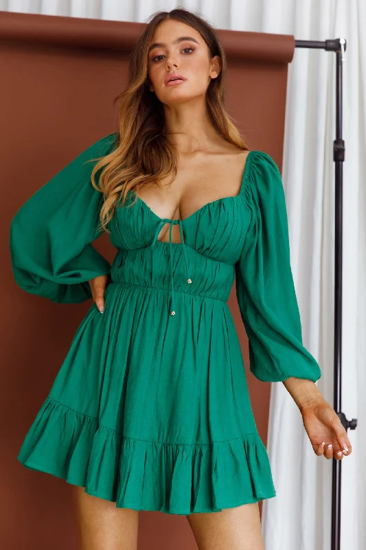 Quilted cozy dress-Vista Del Mar Tied Bust Mini Dress Dark Green