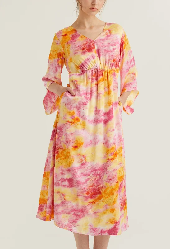 Printed vacation dress-Watercolour Bell Sleeve Midi Dress