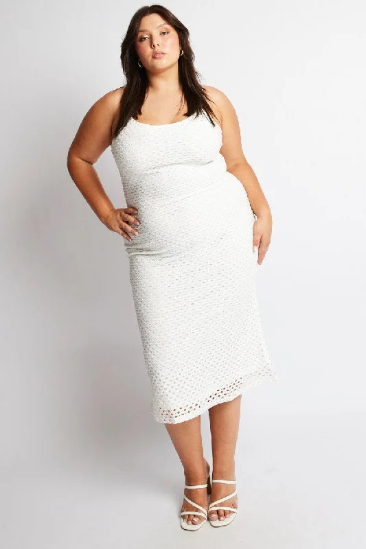 Rustic peasant dress-White Open Knit Bodycon Maxi Dress