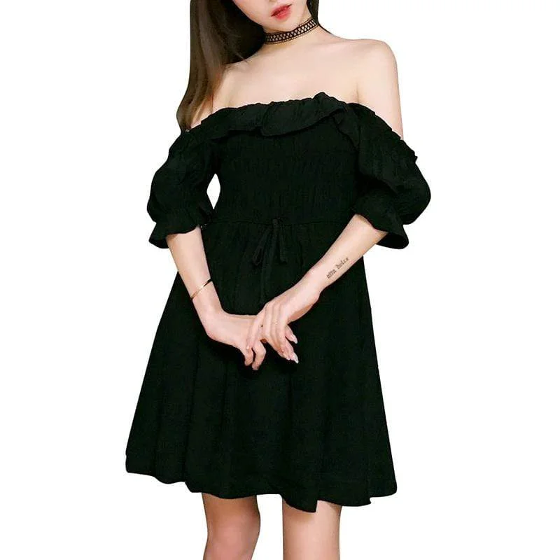 Denim shirt dress-Women's Goth Ruffles Black Strapless Dress