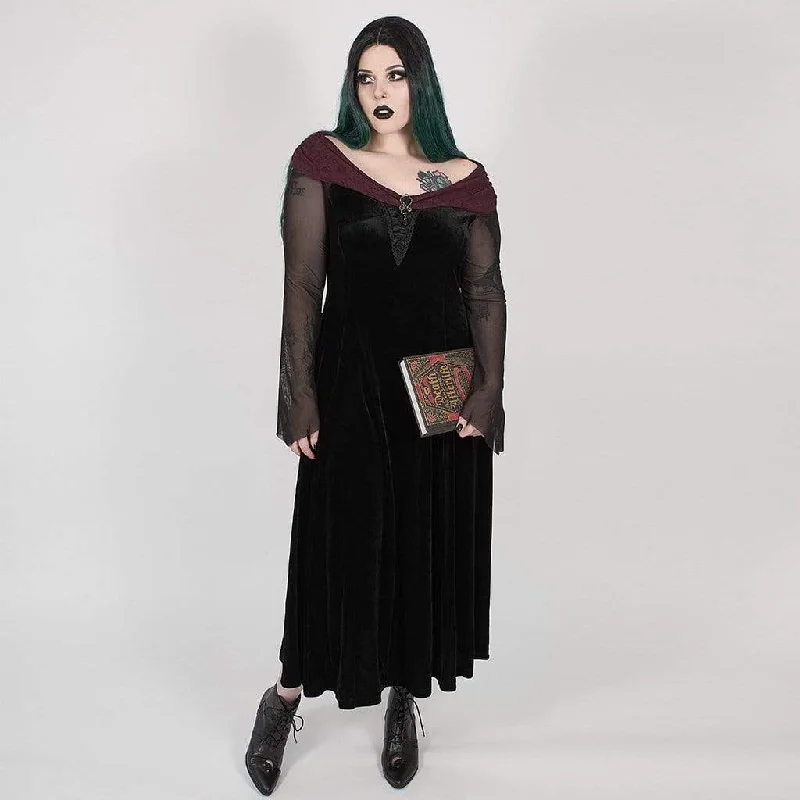 Coral reef dress-Women's Plus Size Gothic Black Velvet Midi Dress with Net Sleeves and Scarlet Collar