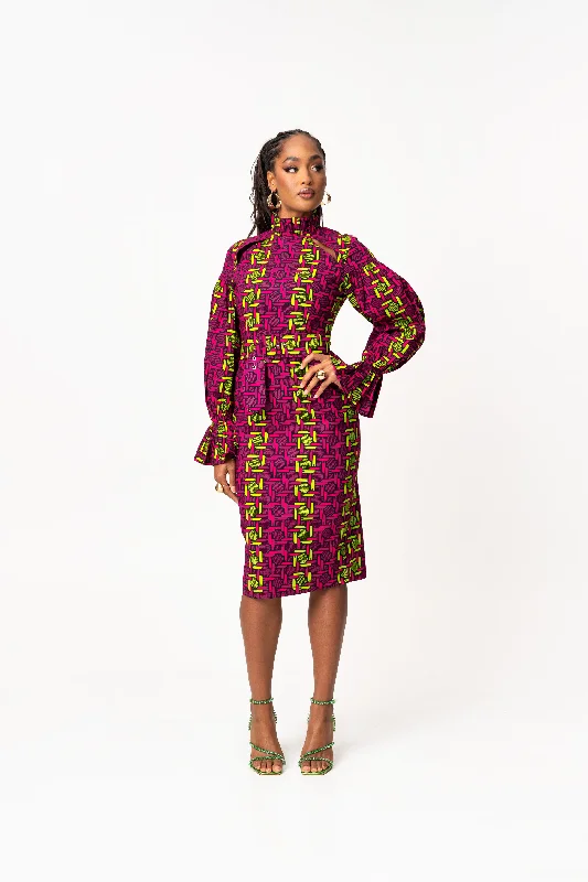 Bold red dress-WUNMI African Print Mock Neck Midi Dress