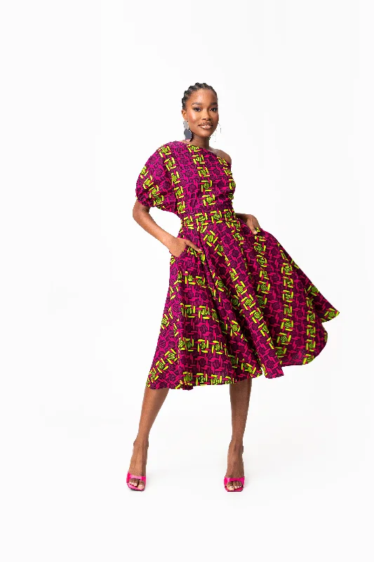 Pastel pink dress-WUNMI African Print One-shoulder Midi Dress