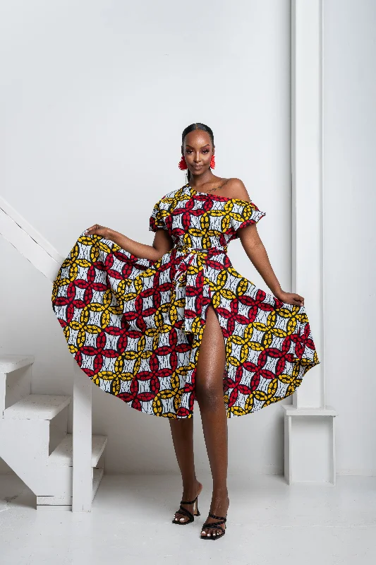 Custom embroidered dress-WURA African Print One-shoulder Midi Dress