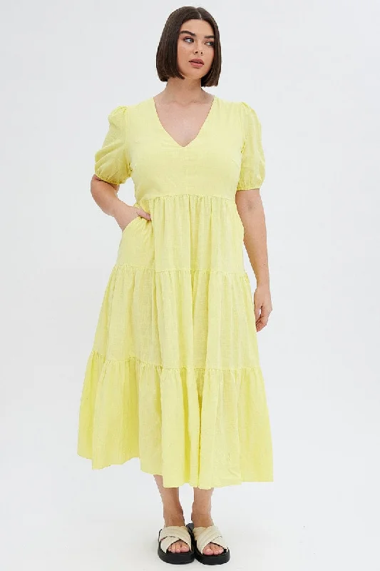 Renaissance embroidered dress-Yellow Maxi Dress Tiered Puff Sleeve V-neck