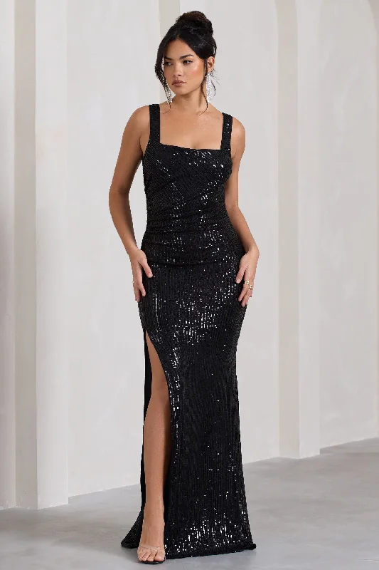 Empire waist dress-Yvonne | Black Sequin Open-Back Bodycon Maxi Dress