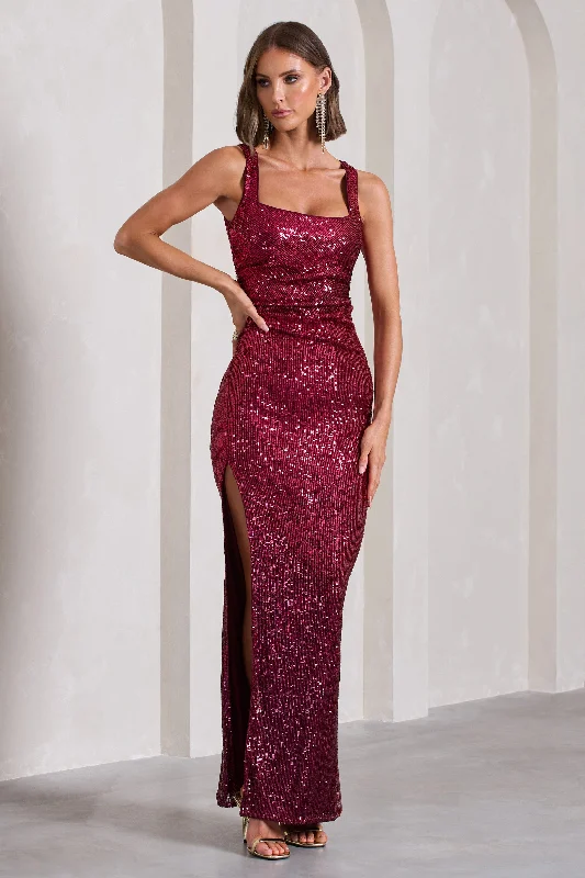 Draped evening dress-Yvonne | Plum Sequin Open-Back Bodycon Maxi Dress