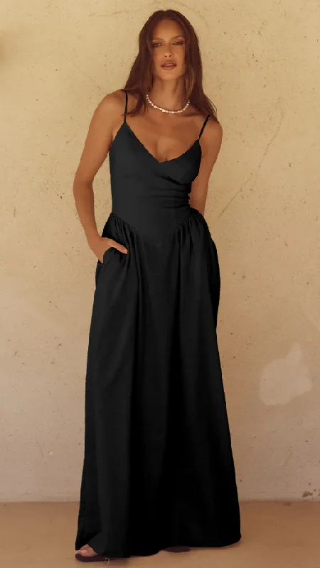 Olive casual dress-Zephy Maxi Dress - Black