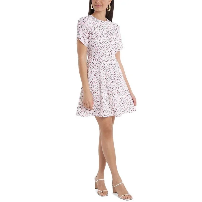 Glitter sparkly dress-1.STATE Women's Floral Short Sleeve Fit & Flare Dress White Size X-Large