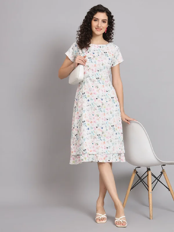 Lounge relaxed dress-A Line Printed Floral Frill Dress - White