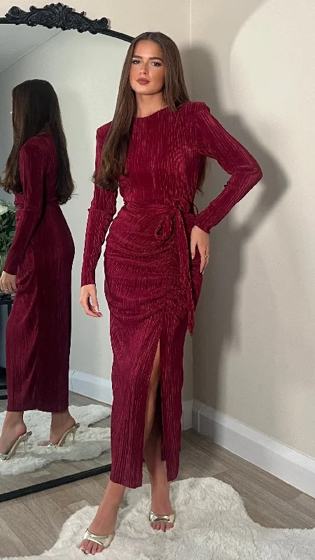 Maroon rich dress-Adella Burgundy Long Sleeve Ruched Seamed Midi Dress