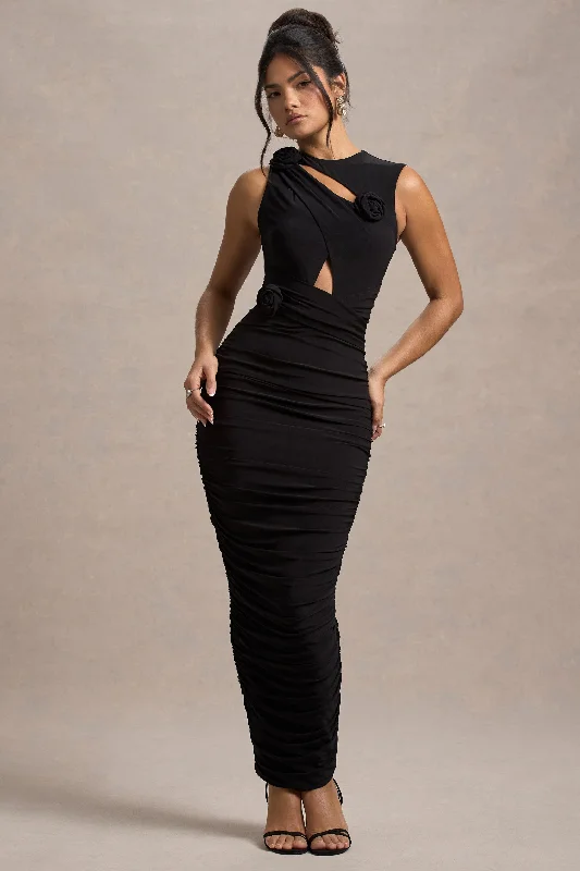 Gothic velvet dress-Audelia | Black Cut-Out Maxi Dress With Floral Corsages