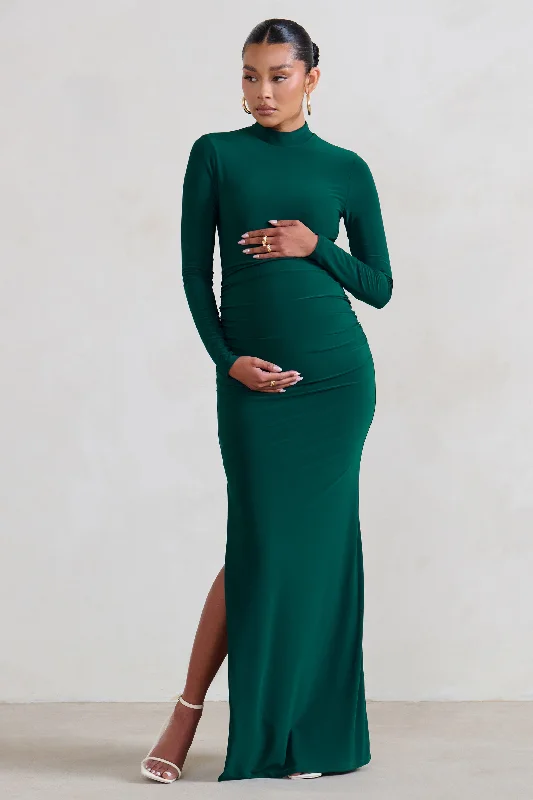 Printed boho dress-Alejandra | Green Maternity Long Sleeve High Neck Maxi Dress