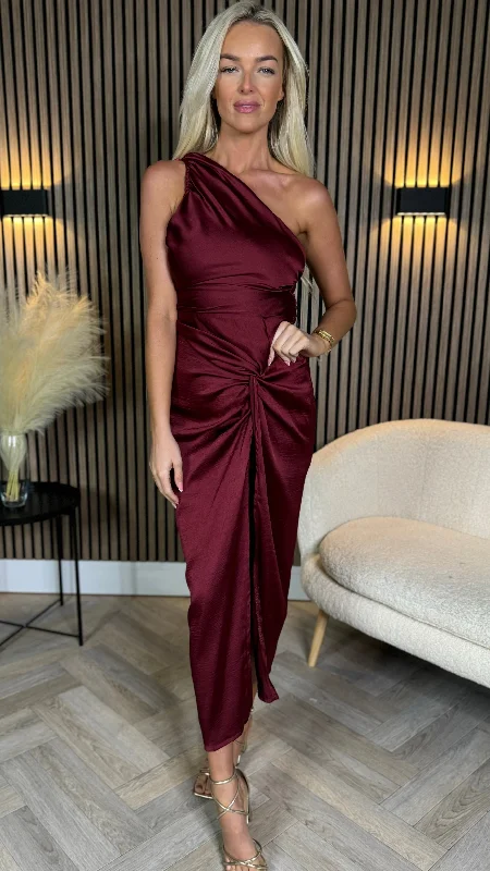 Bodycon club dress-Alexis Burgundy One Shoulder Knot Skirt Satin Midi Dress