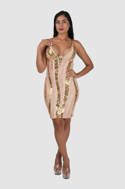 V-neck formal dress-BIOP Alis Peach Gold Sequins Short