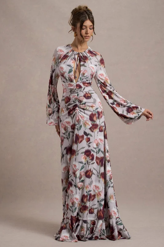 Fit-and-flare party dress-Althena | Cream Floral Print Balloon-Sleeve Maxi Dress