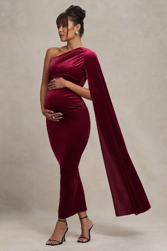 Bright neon dress-Amaryllis | Berry Velvet Maternity One Shoulder Maxi Dress with Cape Sleeve