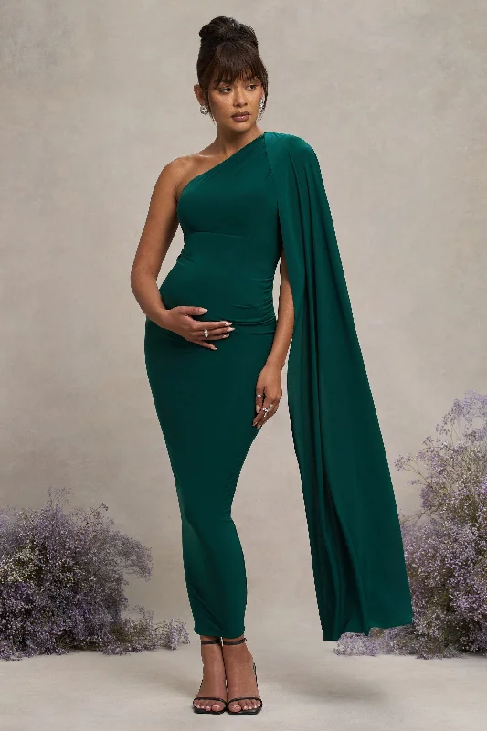 Olive muted dress-Amaryllis | Bottle Green Maternity One Shoulder Maxi Dress with Cape Sleeve