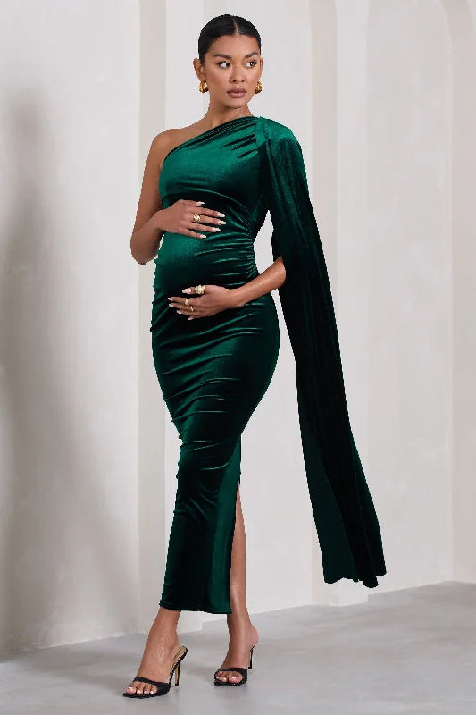 Statement bold dress-Amaryllis | Bottle Green Velvet Maternity One Shoulder Maxi Dress with Cape Sleeve