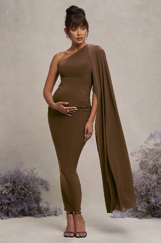 Beige neutral dress-Amaryllis | Chocolate Maternity One Shoulder Maxi Dress with Cape Sleeve