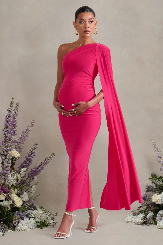 Striped sweater dress-Amaryllis | Hot Pink Maternity One Shoulder Maxi Dress with Cape Sleeve