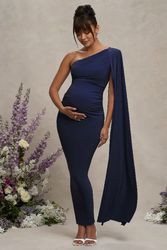 Brown earthy dress-Amaryllis | Navy Maternity One Shoulder Maxi Dress with Cape Sleeve