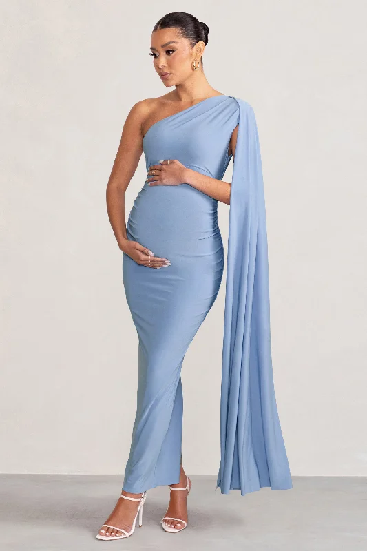 Emerald jewel dress-Amaryllis | Powder Blue Maternity One Shoulder Maxi Dress with Cape Sleeve