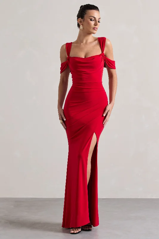 Elegant black dress-Amoura | Red Square-Neck Draped Wrap Maxi Dress