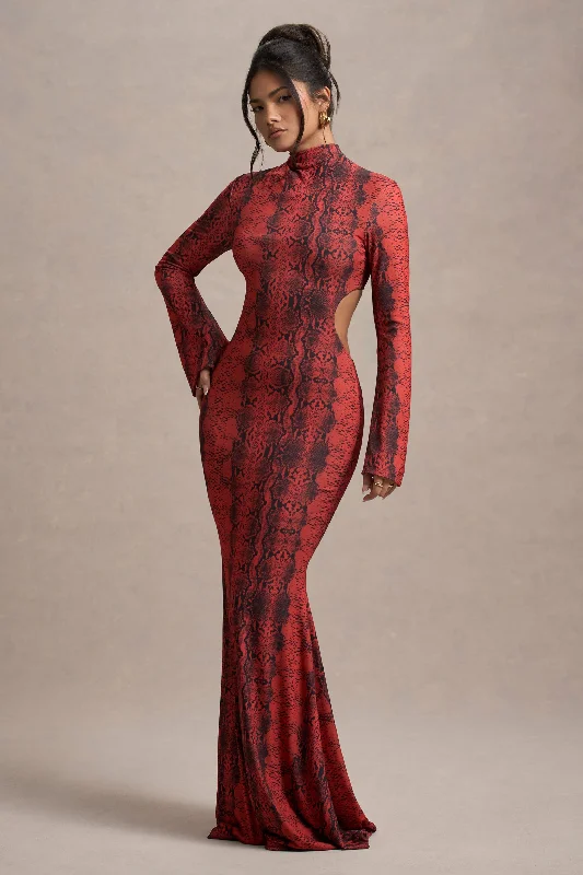 Jersey stretch dress-Arabia | Red Snake Print High-Neck Cut-Out Maxi Dress