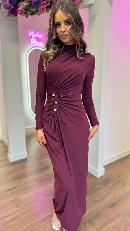 Statement bold dress-Ariana Burgundy Button Detail Ruched High Neck Midi Dress