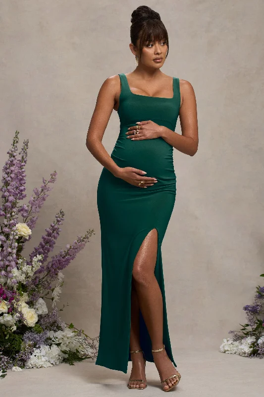 Rainbow layered dress-Avril | Bottle Green Square Neck Maternity Maxi Dress with Split