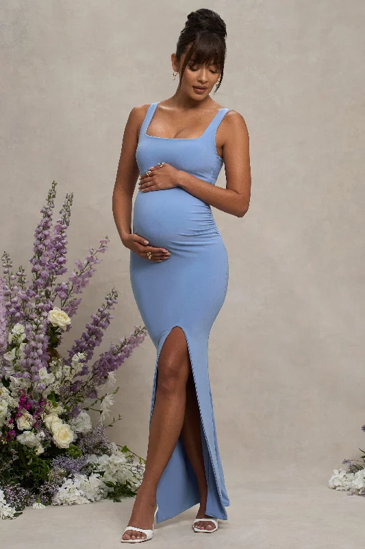 Maroon rich dress-Avril | Powder Blue Square Neck Maternity Maxi Dress with Split