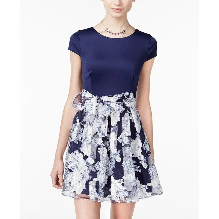 Metallic shimmer dress-B Darlin Junior's a Line Floral Printed Tie Waist Dress Blue