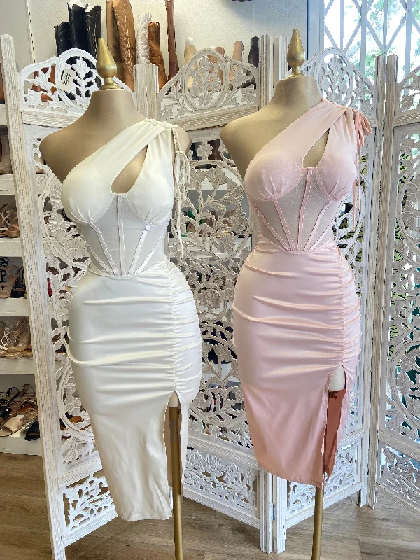 Plush suede dress-Baby Pink Satin Midi Cutout Dress