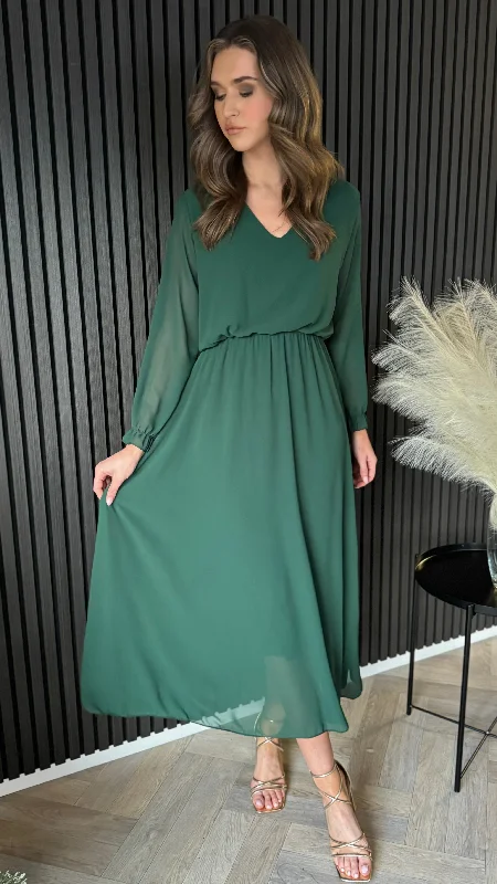 V-neck formal dress-Beatrix Forest Green V Neckline Midi Dress