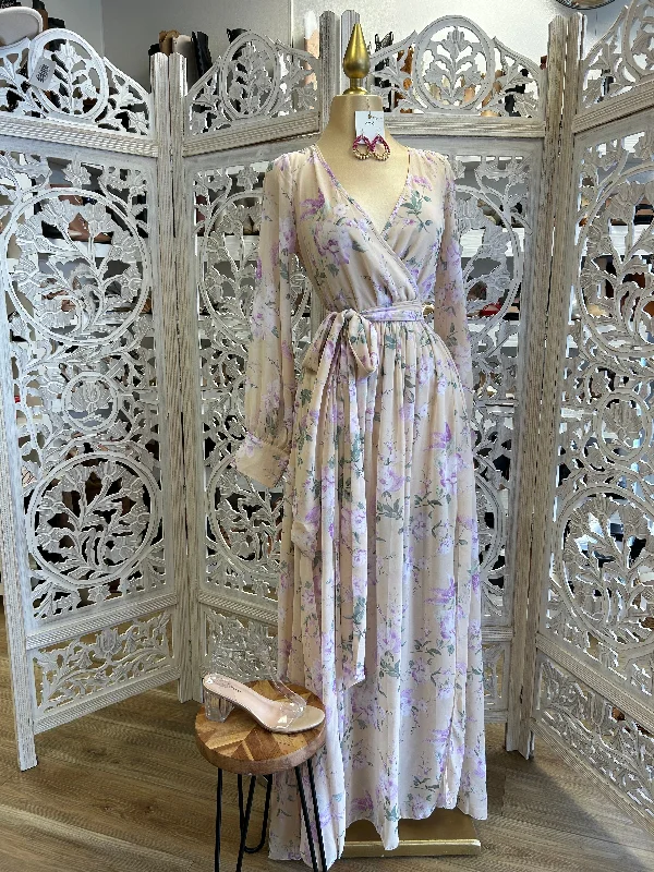 Halter party dress-Beige Floral Wrapped Maxi Dress- Slightly Stretchy