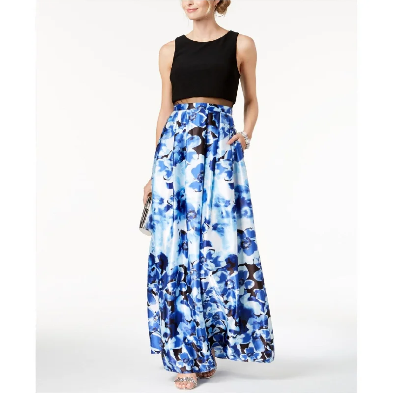 Tulle ball gown dress-Betsy & Adam Womens Solid & Floral Gown Dress, Blue, 4