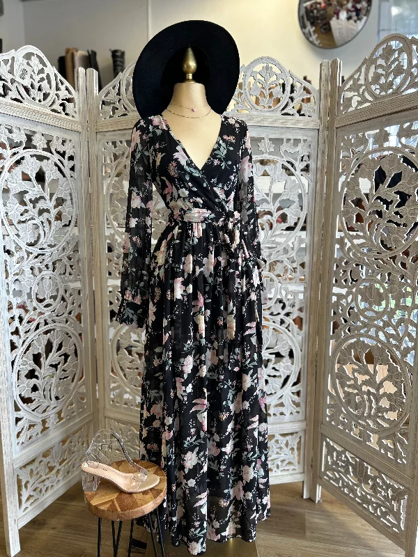 Pleated work dress-Black Floral Wrapped Maxi Dress- Slightly Stretchy