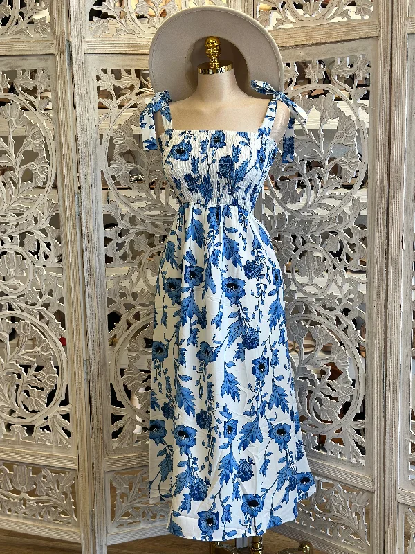 Cruise striped dress-Blue Floral Bow Strap Maxi Dress- Estira, Stretchy