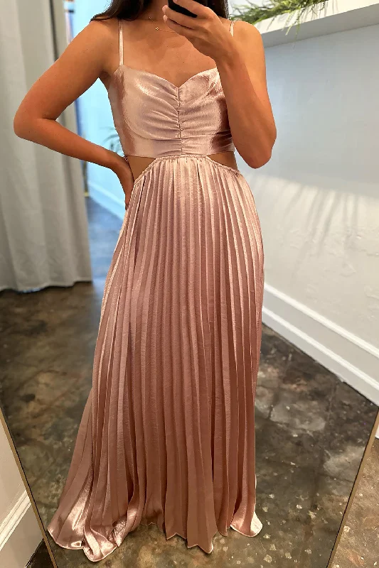 Morning coffee dress-Blush Metallic Pleated Maxi Dress