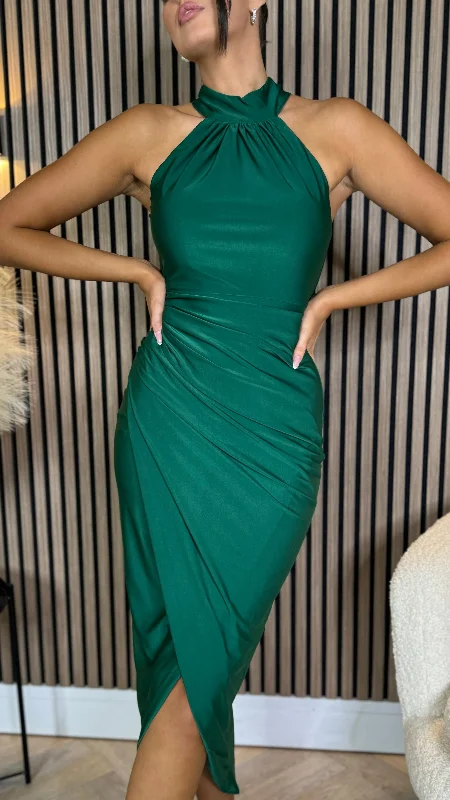 Pleated evening dress-Bodi Forest Green Halter Neck Draped Wrap Skirt Midi Dress