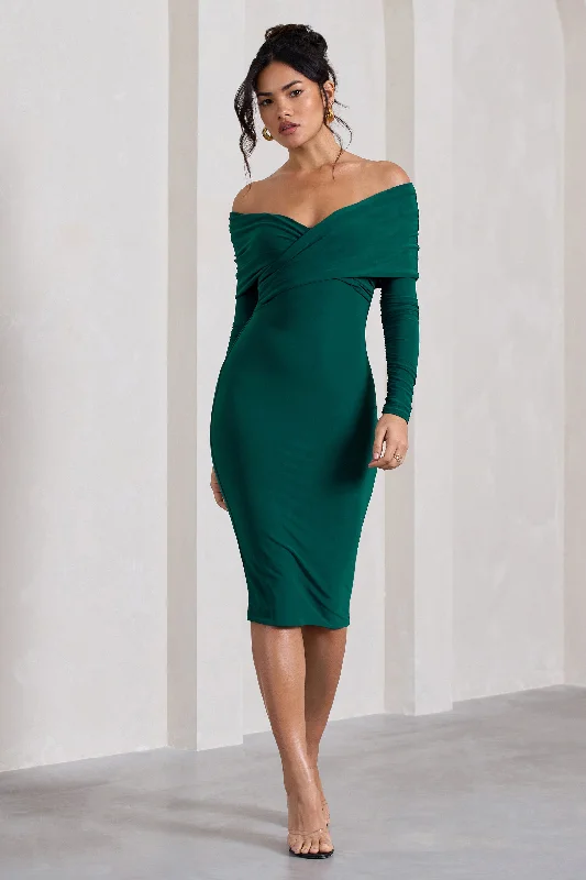 Smock boho dress-Flatter Me | Bottle Green Twist Front Bardot Midi Dress