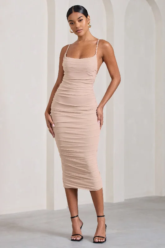 Applique party dress-Bree | Nude Ruched Mesh Strappy Bodycon Midi Dress